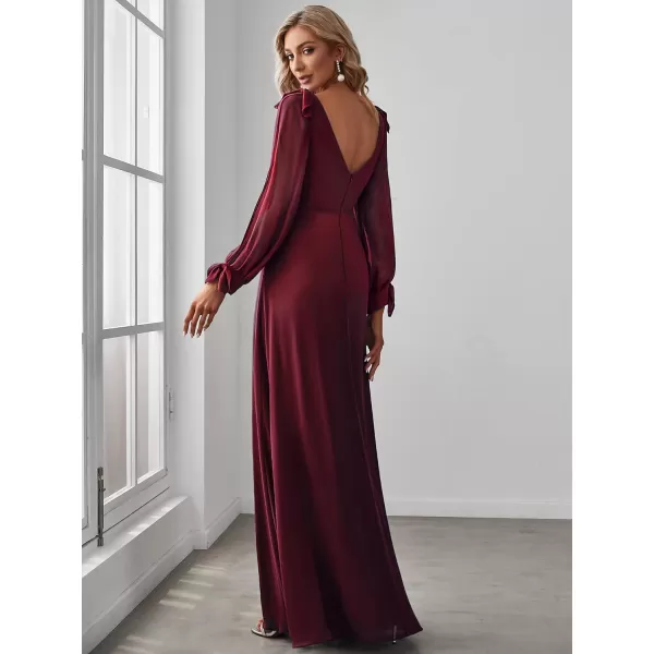 imageEverPretty Womens Elegant Double V Neck Long Sleeve Formal Dress High Waist Split Formal Evening Gowns 80116Burgundy