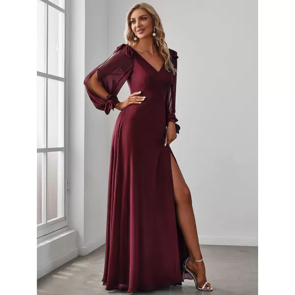 imageEverPretty Womens Elegant Double V Neck Long Sleeve Formal Dress High Waist Split Formal Evening Gowns 80116Burgundy