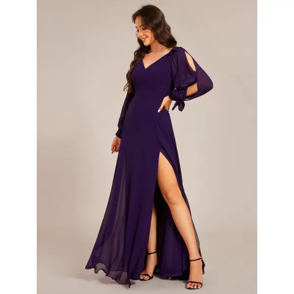 imageEverPretty Womens Elegant Double V Neck Long Sleeve Formal Dress High Waist Split Formal Evening Gowns 80116Dark Purple