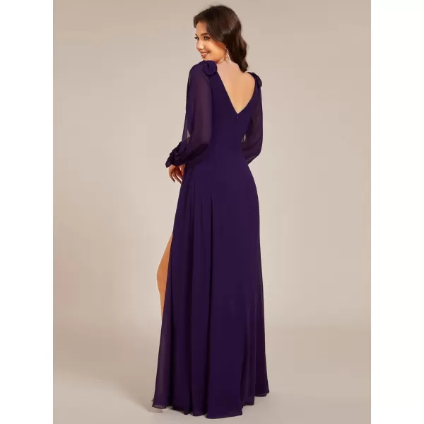 imageEverPretty Womens Elegant Double V Neck Long Sleeve Formal Dress High Waist Split Formal Evening Gowns 80116Dark Purple