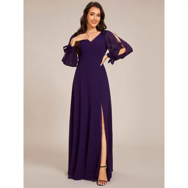 imageEverPretty Womens Elegant Double V Neck Long Sleeve Formal Dress High Waist Split Formal Evening Gowns 80116Dark Purple