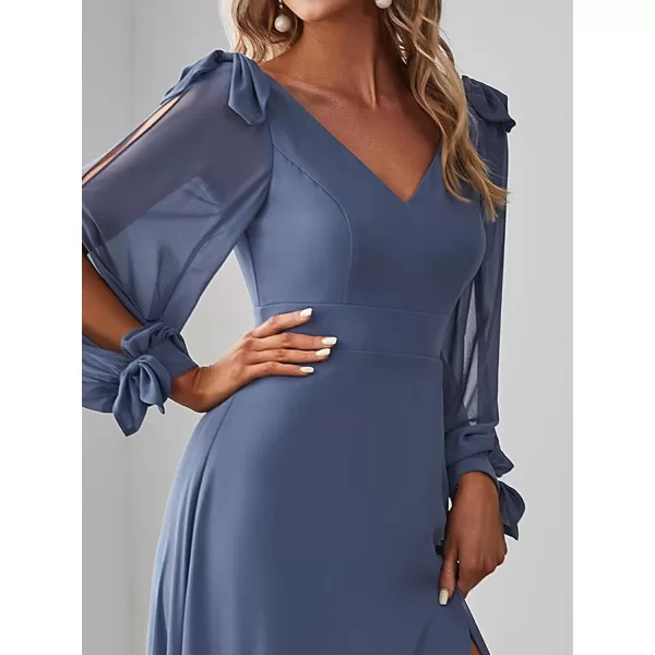 imageEverPretty Womens Elegant Double V Neck Long Sleeve Formal Dress High Waist Split Formal Evening Gowns 80116Haze Blue