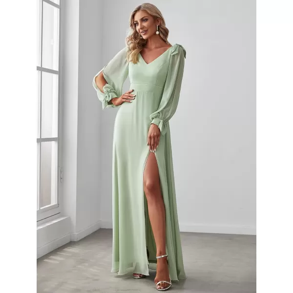 imageEverPretty Womens Elegant Double V Neck Long Sleeve Formal Dress High Waist Split Formal Evening Gowns 80116Mint Green