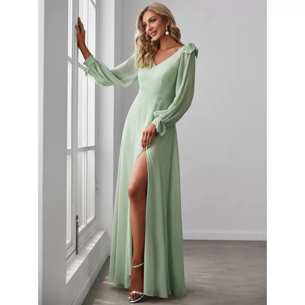 imageEverPretty Womens Elegant Double V Neck Long Sleeve Formal Dress High Waist Split Formal Evening Gowns 80116Mint Green