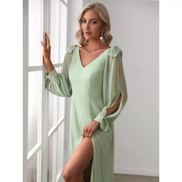 imageEverPretty Womens Elegant Double V Neck Long Sleeve Formal Dress High Waist Split Formal Evening Gowns 80116Mint Green