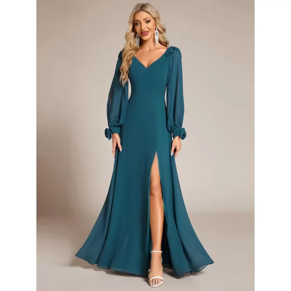 imageEverPretty Womens Elegant Double V Neck Long Sleeve Formal Dress High Waist Split Formal Evening Gowns 80116Teal