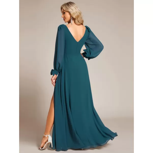 imageEverPretty Womens Elegant Double V Neck Long Sleeve Formal Dress High Waist Split Formal Evening Gowns 80116Teal