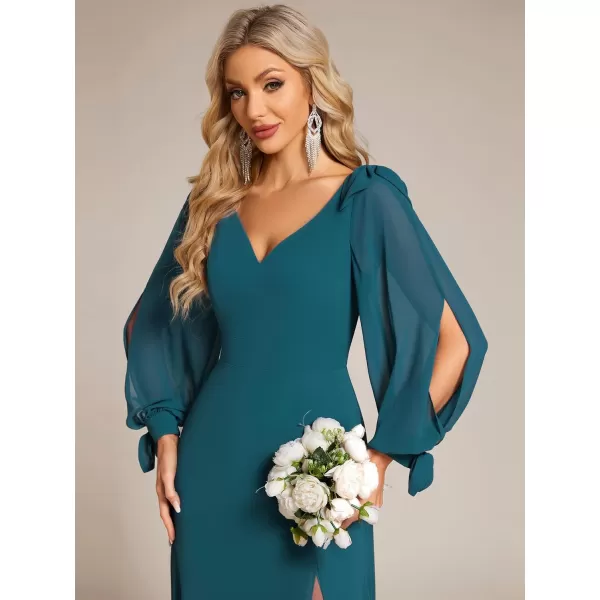 imageEverPretty Womens Elegant Double V Neck Long Sleeve Formal Dress High Waist Split Formal Evening Gowns 80116Teal