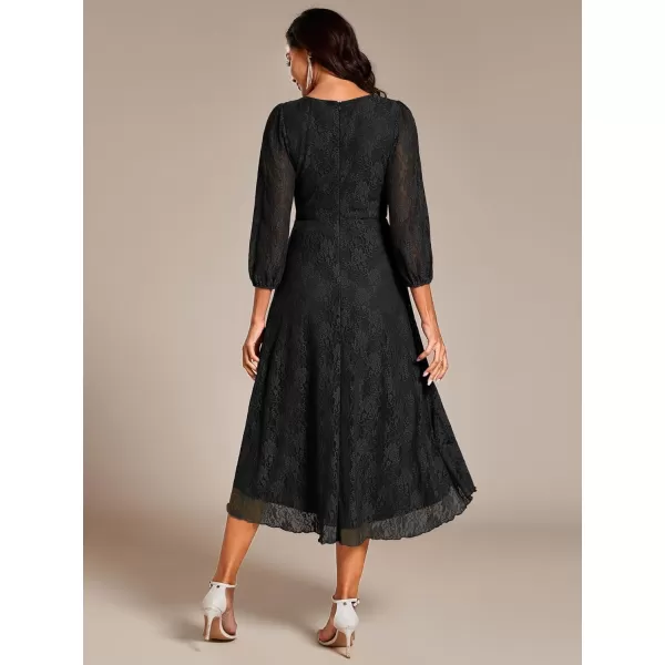 imageEverPretty Womens Elegant V Neck Lace Long Sleeves A Line Ruffles Hem Midi Length Wedding Guest Dress 02238Black