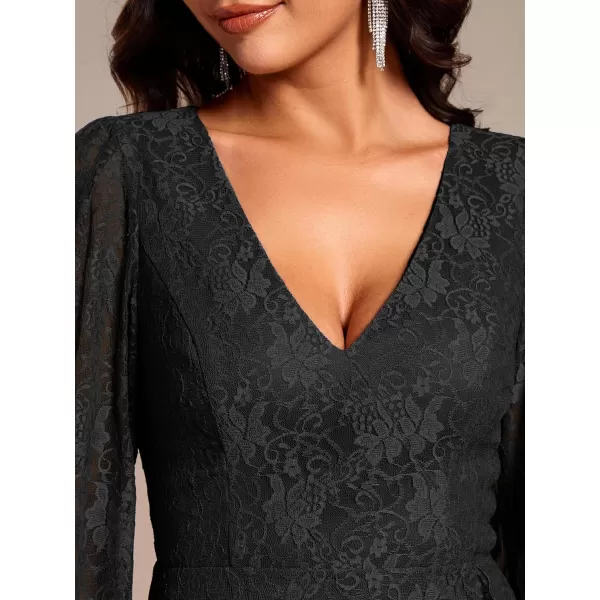 imageEverPretty Womens Elegant V Neck Lace Long Sleeves A Line Ruffles Hem Midi Length Wedding Guest Dress 02238Black