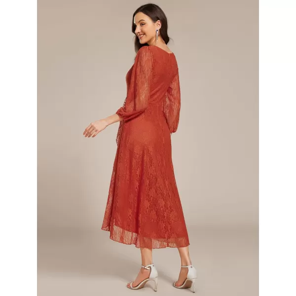 imageEverPretty Womens Elegant V Neck Lace Long Sleeves A Line Ruffles Hem Midi Length Wedding Guest Dress 02238Burnt Orange