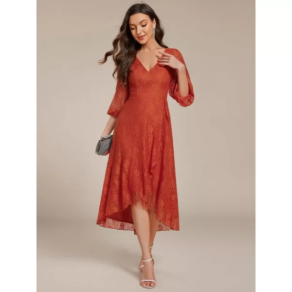 imageEverPretty Womens Elegant V Neck Lace Long Sleeves A Line Ruffles Hem Midi Length Wedding Guest Dress 02238Burnt Orange