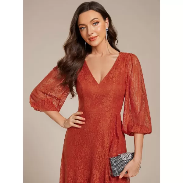 imageEverPretty Womens Elegant V Neck Lace Long Sleeves A Line Ruffles Hem Midi Length Wedding Guest Dress 02238Burnt Orange