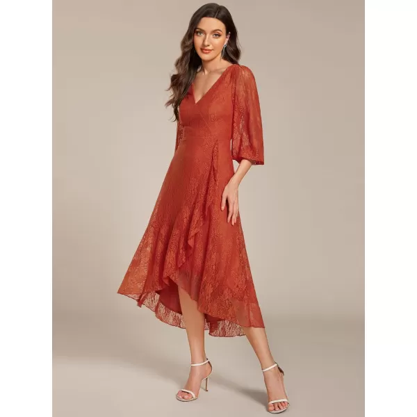 imageEverPretty Womens Elegant V Neck Lace Long Sleeves A Line Ruffles Hem Midi Length Wedding Guest Dress 02238Burnt Orange