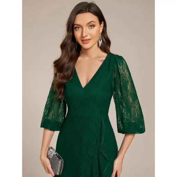 imageEverPretty Womens Elegant V Neck Lace Long Sleeves A Line Ruffles Hem Midi Length Wedding Guest Dress 02238Dark Green