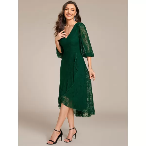 imageEverPretty Womens Elegant V Neck Lace Long Sleeves A Line Ruffles Hem Midi Length Wedding Guest Dress 02238Dark Green