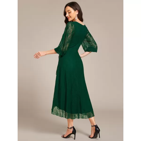 imageEverPretty Womens Elegant V Neck Lace Long Sleeves A Line Ruffles Hem Midi Length Wedding Guest Dress 02238Dark Green