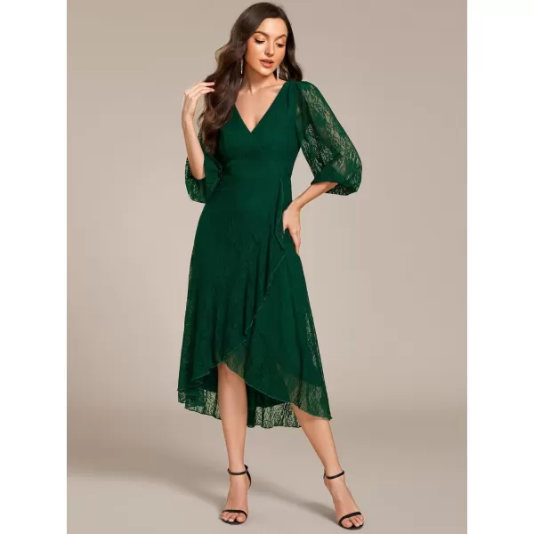 imageEverPretty Womens Elegant V Neck Lace Long Sleeves A Line Ruffles Hem Midi Length Wedding Guest Dress 02238Dark Green