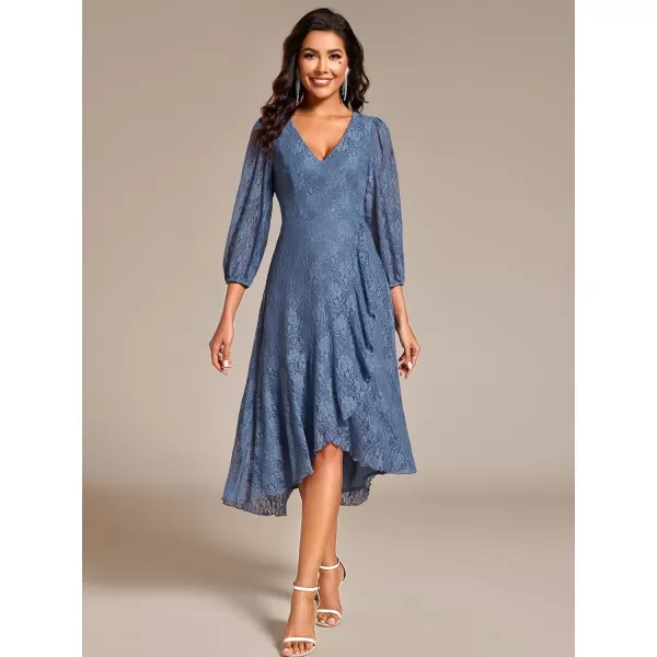 imageEverPretty Womens Elegant V Neck Lace Long Sleeves A Line Ruffles Hem Midi Length Wedding Guest Dress 02238Dusty Navy