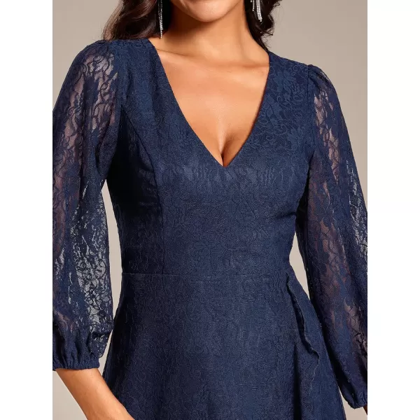 imageEverPretty Womens Elegant V Neck Lace Long Sleeves A Line Ruffles Hem Midi Length Wedding Guest Dress 02238Navy Blue