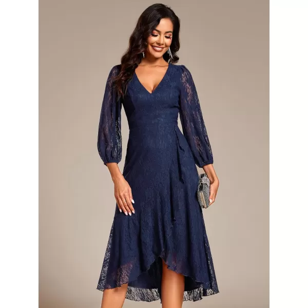 imageEverPretty Womens Elegant V Neck Lace Long Sleeves A Line Ruffles Hem Midi Length Wedding Guest Dress 02238Navy Blue