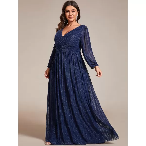 imageEverPretty Womens Glitter Long Sleeves V Neck Pleated Floor Length Plus Size Evening Formal Dresses 01961DANavy Blue