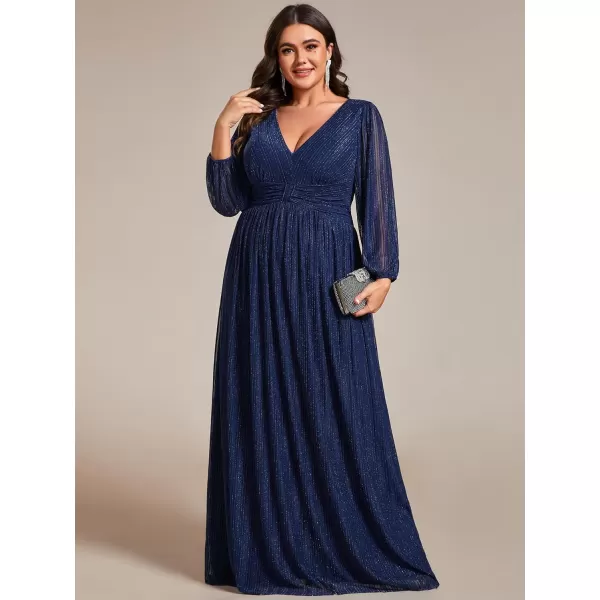 imageEverPretty Womens Glitter Long Sleeves V Neck Pleated Floor Length Plus Size Evening Formal Dresses 01961DANavy Blue