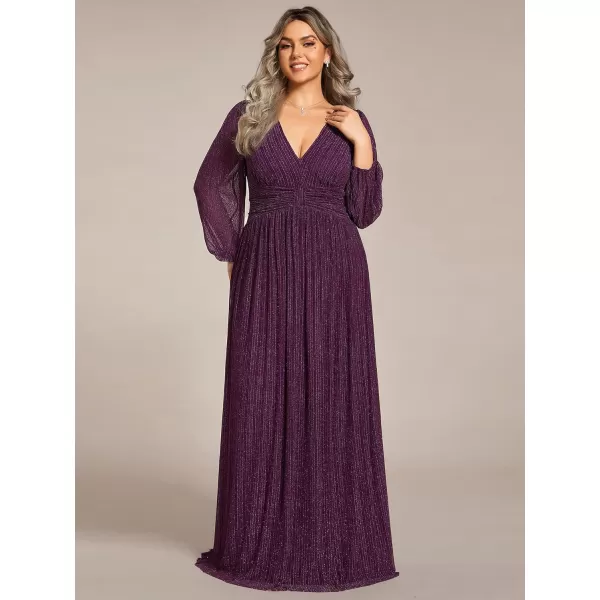 imageEverPretty Womens Glitter Long Sleeves V Neck Pleated Floor Length Plus Size Evening Formal Dresses 01961DAPurple Wisteria