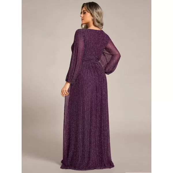 imageEverPretty Womens Glitter Long Sleeves V Neck Pleated Floor Length Plus Size Evening Formal Dresses 01961DAPurple Wisteria