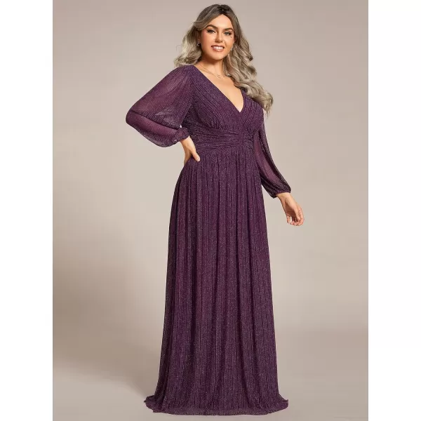 imageEverPretty Womens Glitter Long Sleeves V Neck Pleated Floor Length Plus Size Evening Formal Dresses 01961DAPurple Wisteria