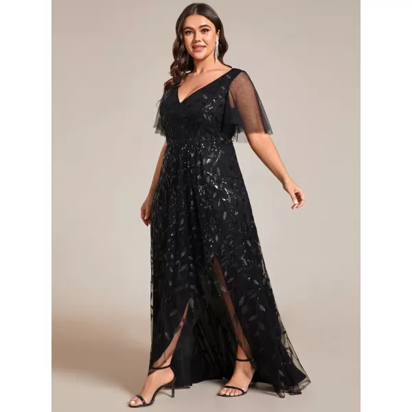 imageEverPretty Womens Plus Size Gorgeous A Line Sequin Embroidered Fornal Evening Dress with Sleeves 02083DABlack