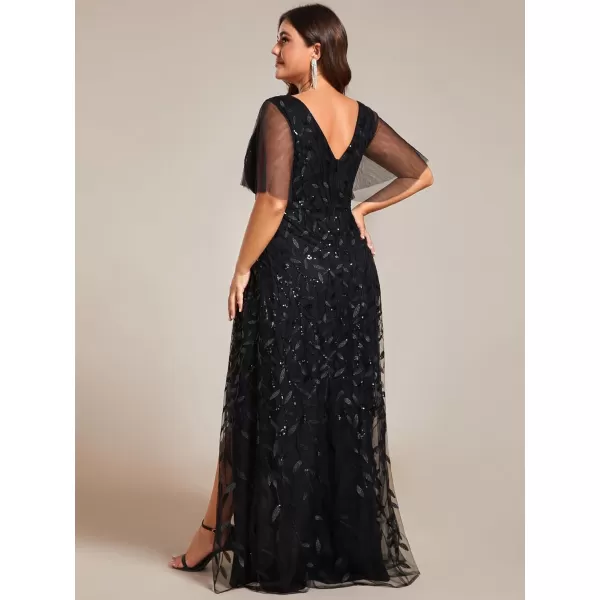 imageEverPretty Womens Plus Size Gorgeous A Line Sequin Embroidered Fornal Evening Dress with Sleeves 02083DABlack