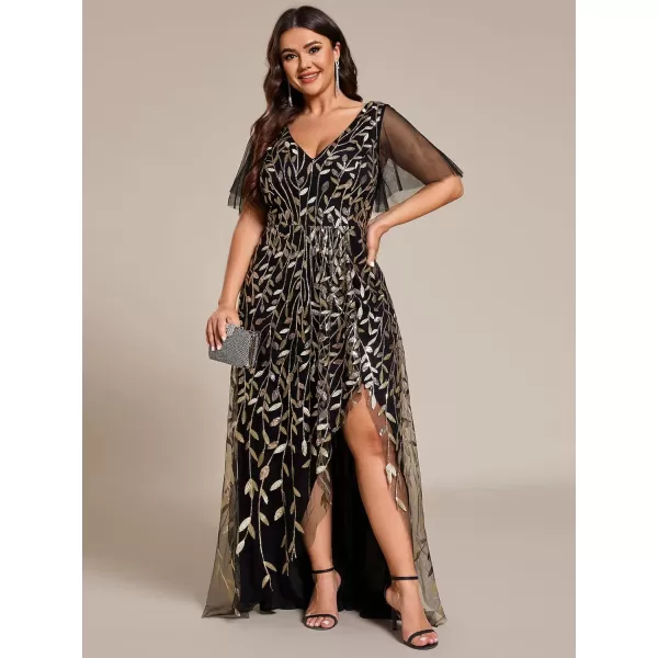 imageEverPretty Womens Plus Size Gorgeous A Line Sequin Embroidered Fornal Evening Dress with Sleeves 02083DABlack Gold