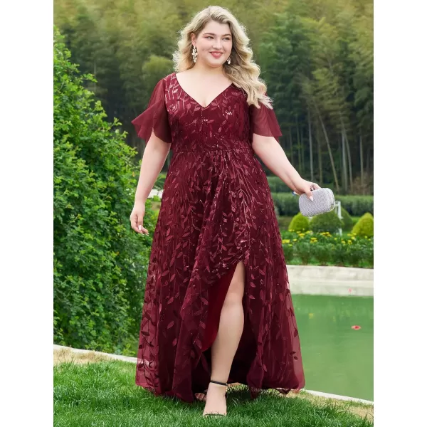 imageEverPretty Womens Plus Size Gorgeous A Line Sequin Embroidered Fornal Evening Dress with Sleeves 02083DABurgundy