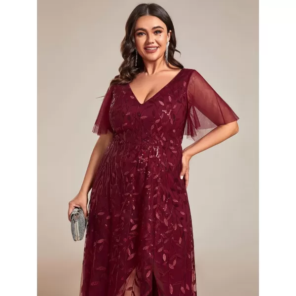 imageEverPretty Womens Plus Size Gorgeous A Line Sequin Embroidered Fornal Evening Dress with Sleeves 02083DABurgundy