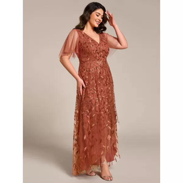 imageEverPretty Womens Plus Size Gorgeous A Line Sequin Embroidered Fornal Evening Dress with Sleeves 02083DABurnt Orange