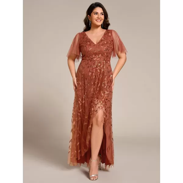 imageEverPretty Womens Plus Size Gorgeous A Line Sequin Embroidered Fornal Evening Dress with Sleeves 02083DABurnt Orange