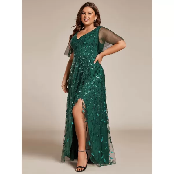 imageEverPretty Womens Plus Size Gorgeous A Line Sequin Embroidered Fornal Evening Dress with Sleeves 02083DADark Green