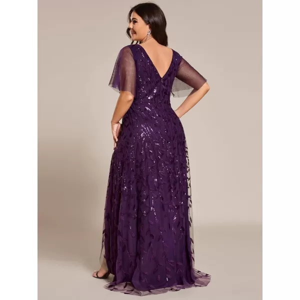 imageEverPretty Womens Plus Size Gorgeous A Line Sequin Embroidered Fornal Evening Dress with Sleeves 02083DADeep Purple