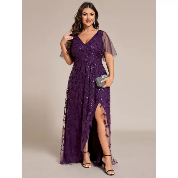 imageEverPretty Womens Plus Size Gorgeous A Line Sequin Embroidered Fornal Evening Dress with Sleeves 02083DADeep Purple