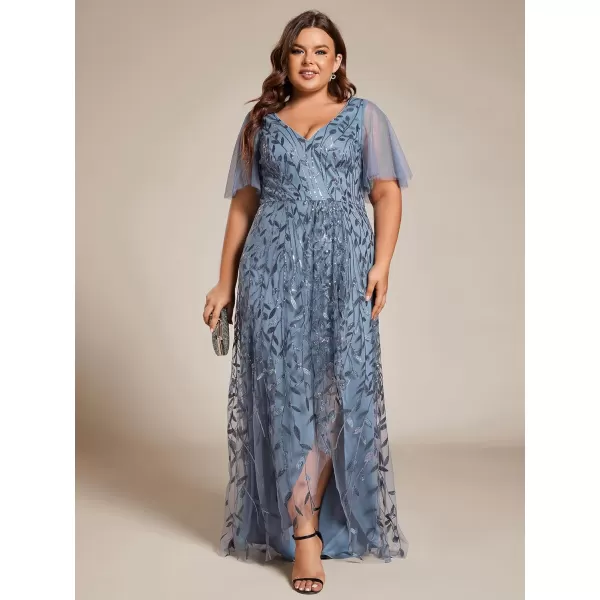 imageEverPretty Womens Plus Size Gorgeous A Line Sequin Embroidered Fornal Evening Dress with Sleeves 02083DADusty Navy