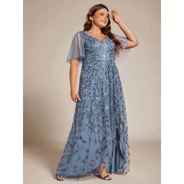 imageEverPretty Womens Plus Size Gorgeous A Line Sequin Embroidered Fornal Evening Dress with Sleeves 02083DADusty Navy