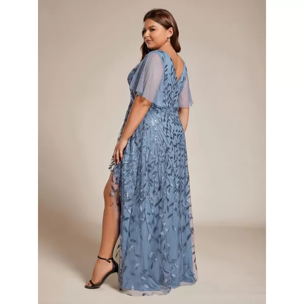 imageEverPretty Womens Plus Size Gorgeous A Line Sequin Embroidered Fornal Evening Dress with Sleeves 02083DADusty Navy