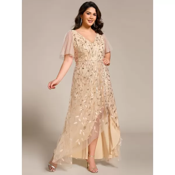 imageEverPretty Womens Plus Size Gorgeous A Line Sequin Embroidered Fornal Evening Dress with Sleeves 02083DAGold