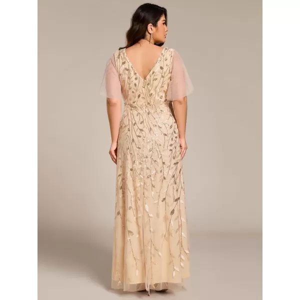 imageEverPretty Womens Plus Size Gorgeous A Line Sequin Embroidered Fornal Evening Dress with Sleeves 02083DAGold