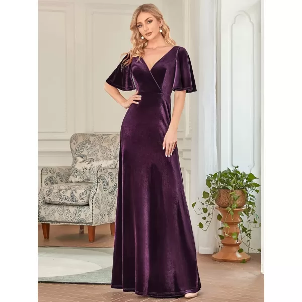 imageEverPretty Womens Retro Evening Gown A Line VNeck Wrap Velvet Long Formal Dresses 0861Dark Purple