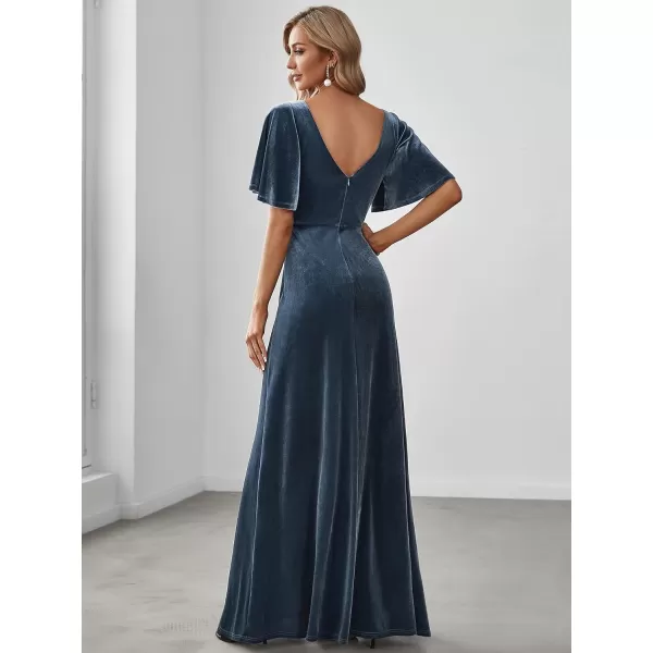 imageEverPretty Womens Retro Evening Gown A Line VNeck Wrap Velvet Long Formal Dresses 0861Haze Blue