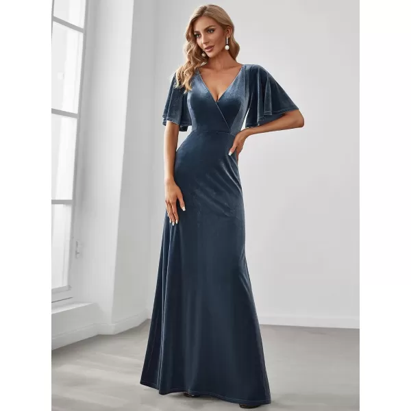 imageEverPretty Womens Retro Evening Gown A Line VNeck Wrap Velvet Long Formal Dresses 0861Haze Blue