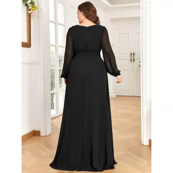 imageEverPretty Womens Round Neck Long Lantern Sleeves Chiffon Pleated Long Evening Gown Plus Size Formal Dress 0106BDABlack