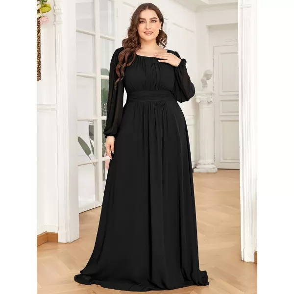 imageEverPretty Womens Round Neck Long Lantern Sleeves Chiffon Pleated Long Evening Gown Plus Size Formal Dress 0106BDABlack